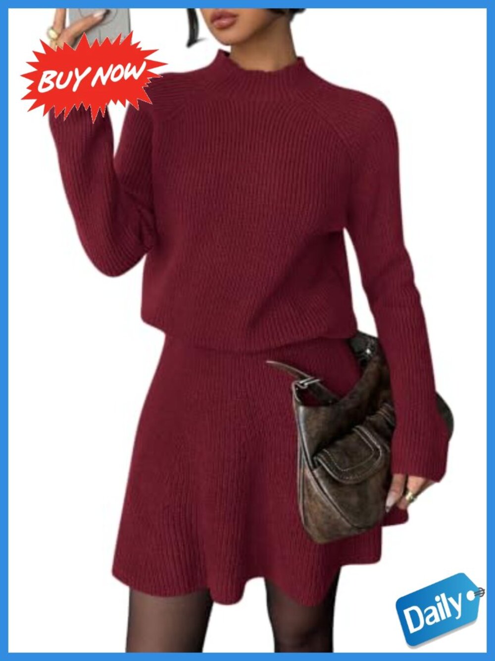 Ribbed Knit 2 Piece Sweater Skirt Set Raglan Sleeve Fall Outfit
